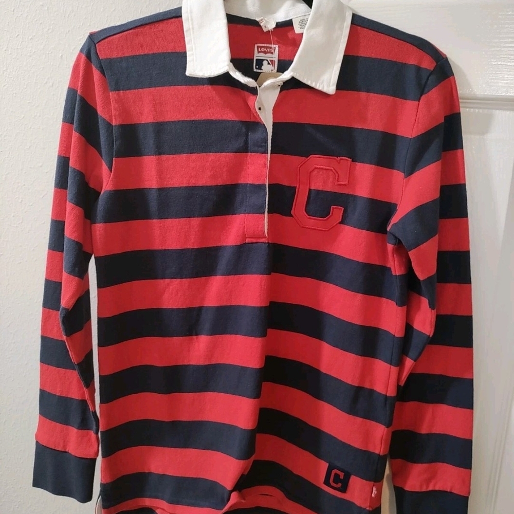NWT Levi’s MLB Cleveland Long Sleeve Polo Rugby Shirt Women’s Small Red Navy